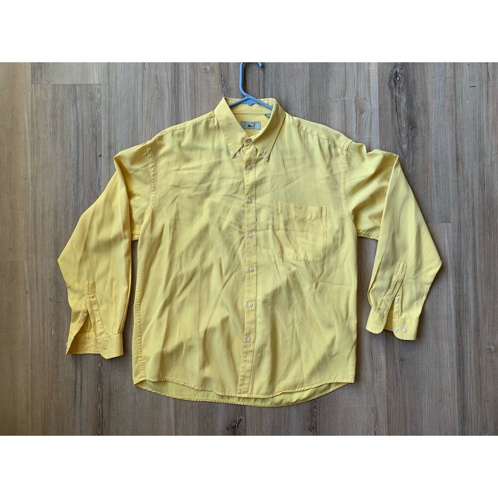 VTG Foliage Dress Shirt Button-front 70% Silk  30% Cotton Soft Feel Solid Yellow
